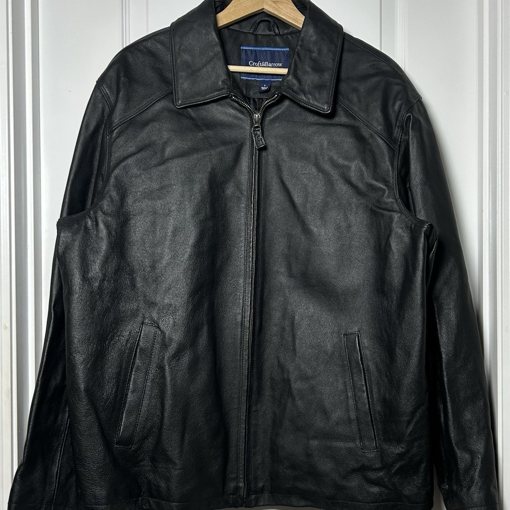 Croft & Barrow Vintage Genuine Leather Black Zip Front Collared Bomber Jacket